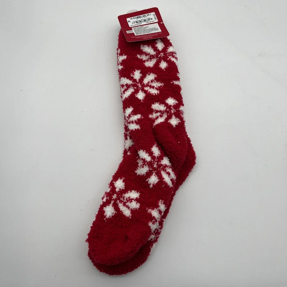 Charter Club Butter Socks Womens 9-11 Red Snow Holly Berry Snowflake Fuzzy Plush